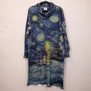 Inoah Christmas dog and cat caroling print turtleneck sweater knit midi dress-XL